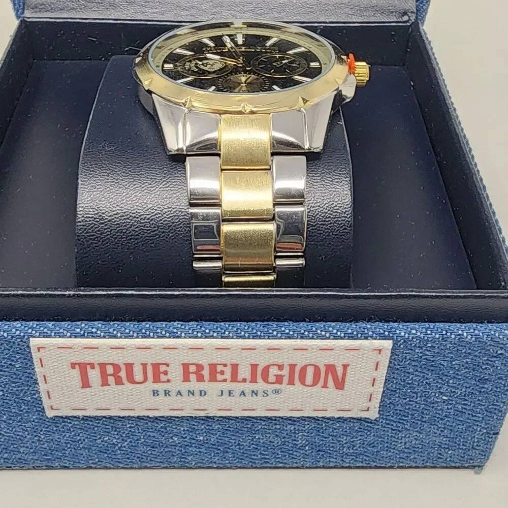 True Religion Watch Two Tone Stainless Black Dial Mens Analog Multi Dial Boxed